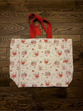 Canvas Floral Cat Tote Bag with Red Handles